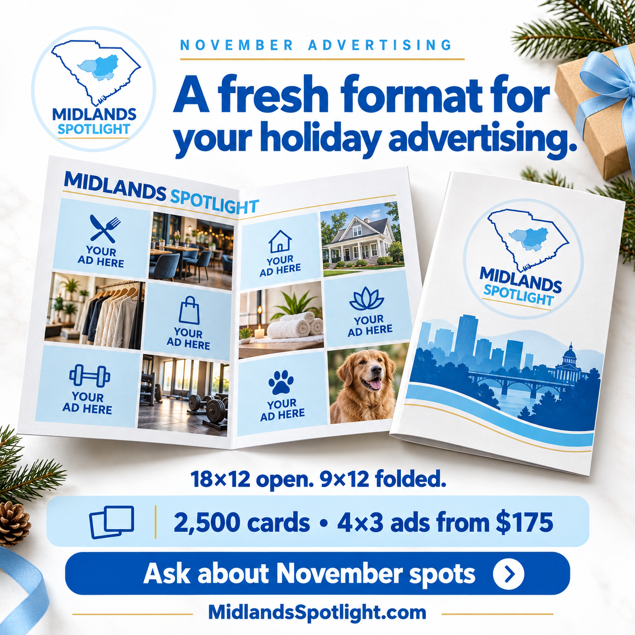 Midlands Spotlight November mailer, a fresh folded format: 18×12 open, 9×12 folded, 2,500 cards, 4×3 ad spots from $175