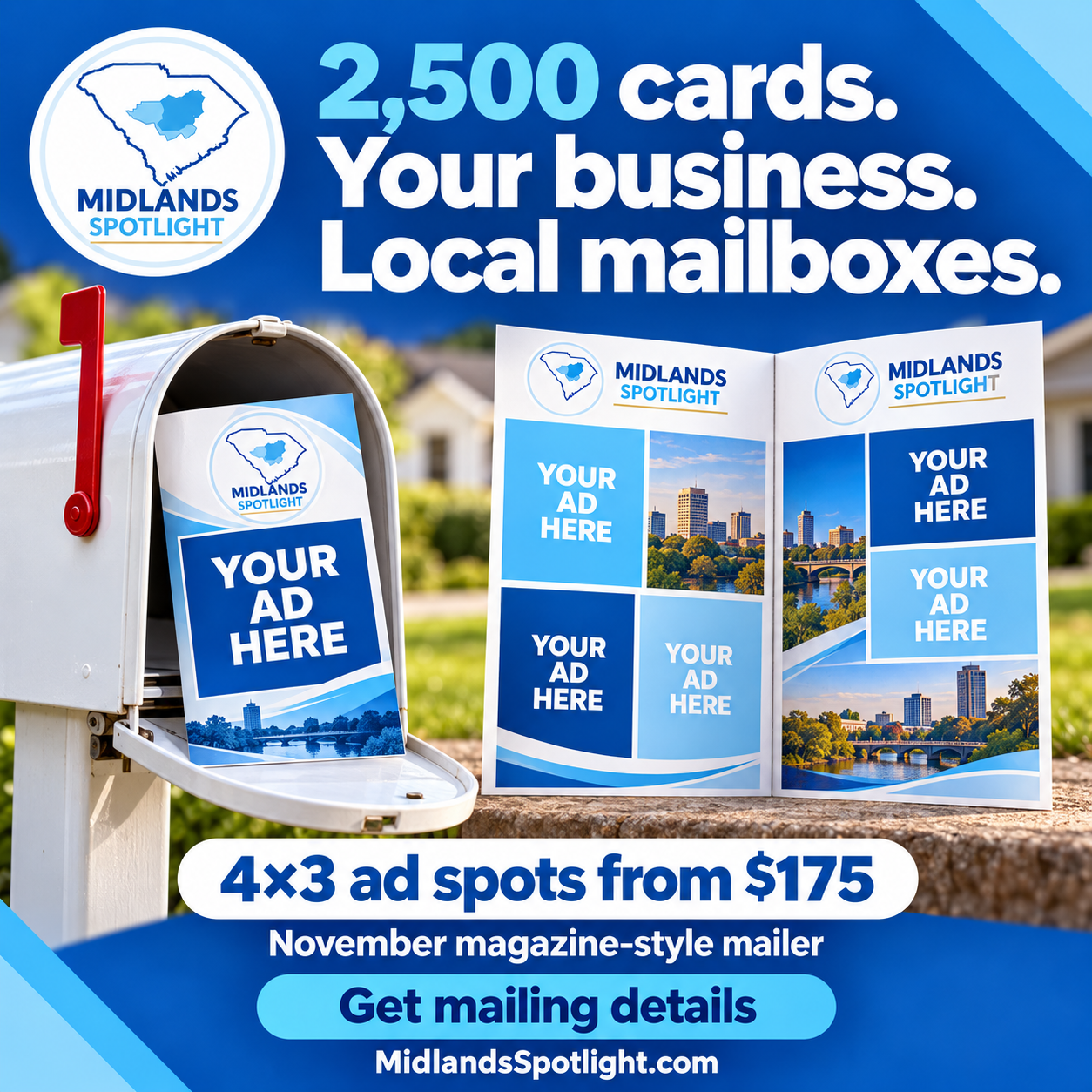 Midlands Spotlight 9×12 folded mailer in a local mailbox: 2,500 cards, 4×3 ad spots from $175