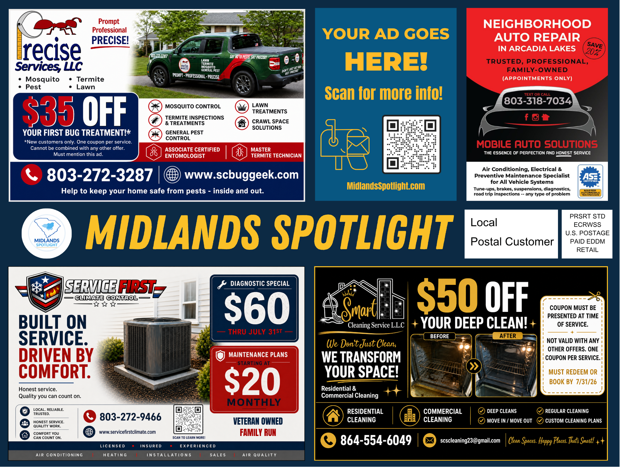 Midlands Spotlight July 2026 shared 9x12 postcard back featuring local Midlands businesses