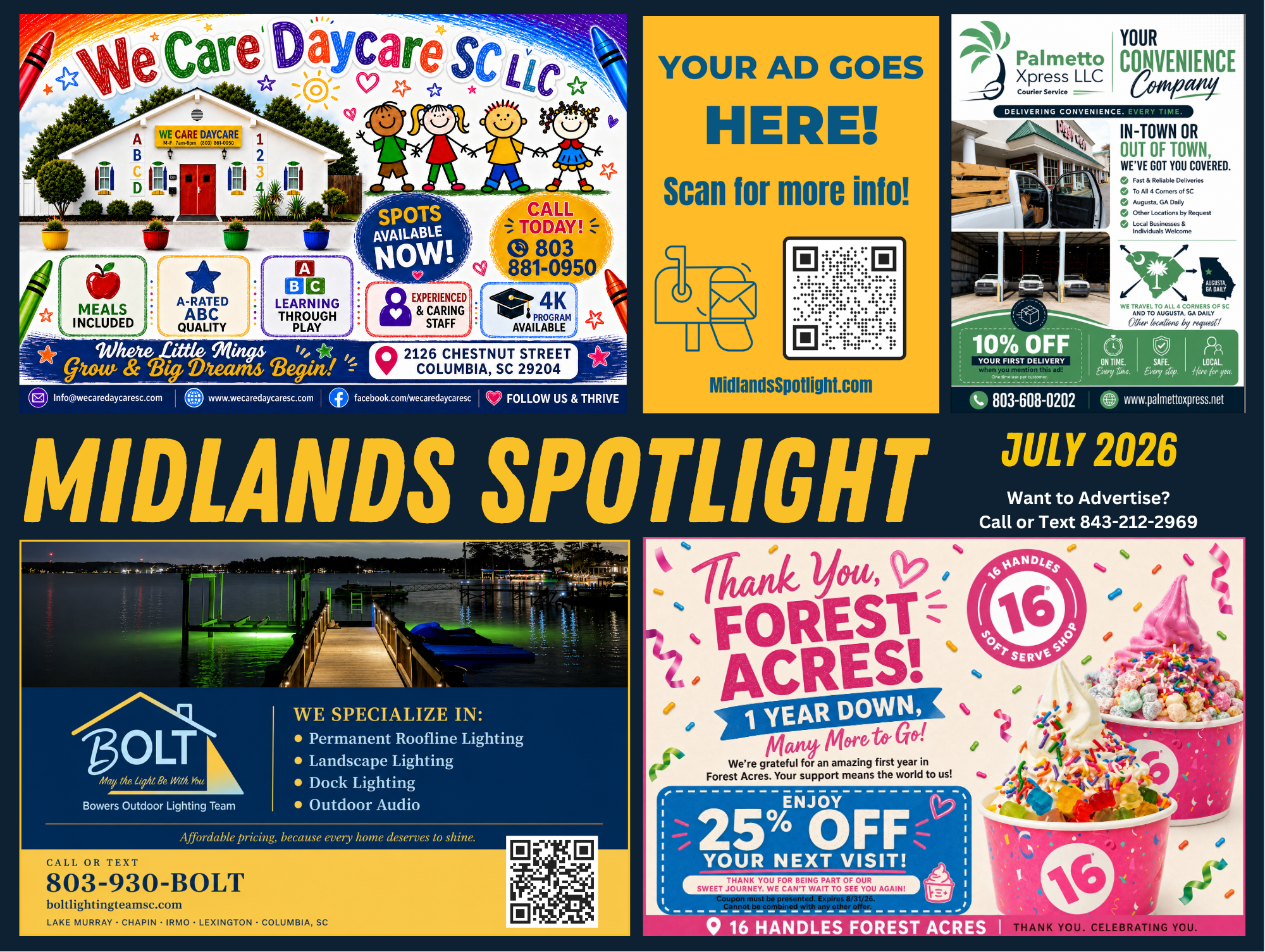 Midlands Spotlight July 2026 shared 9x12 postcard featuring local Midlands businesses